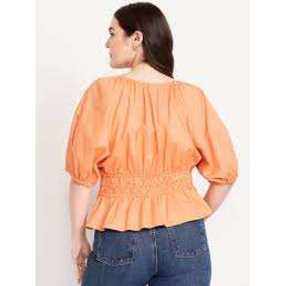Iris Basic Puff Sleeve Smocked Peplum Blouse Coral Orange Scoop Neck Top M (131)